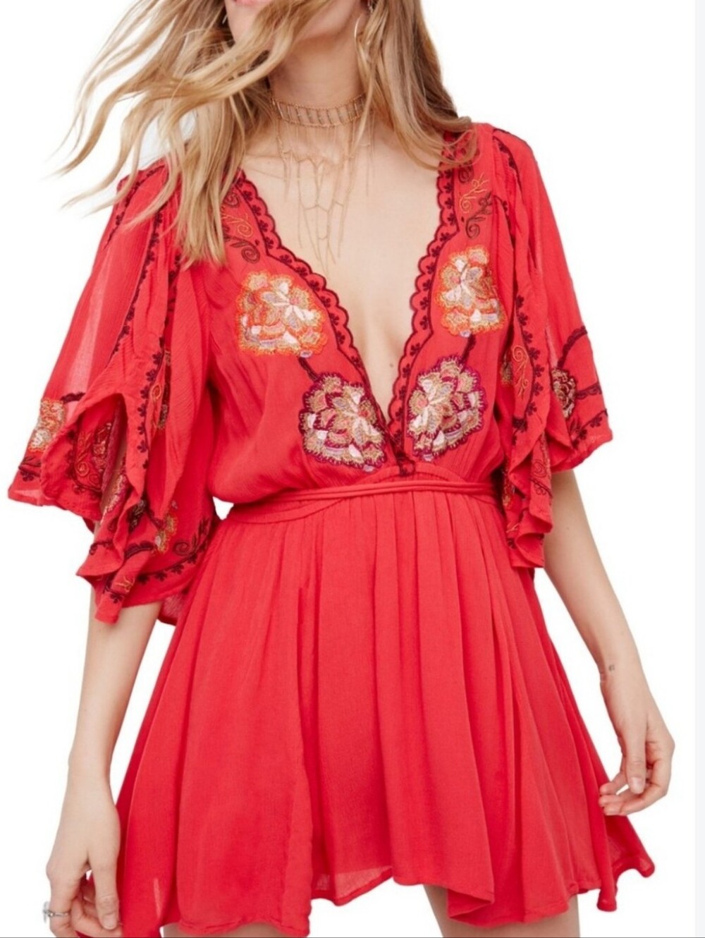Free People Cora Dress Embroidered Red/orange Mini Cover Up Size Medium